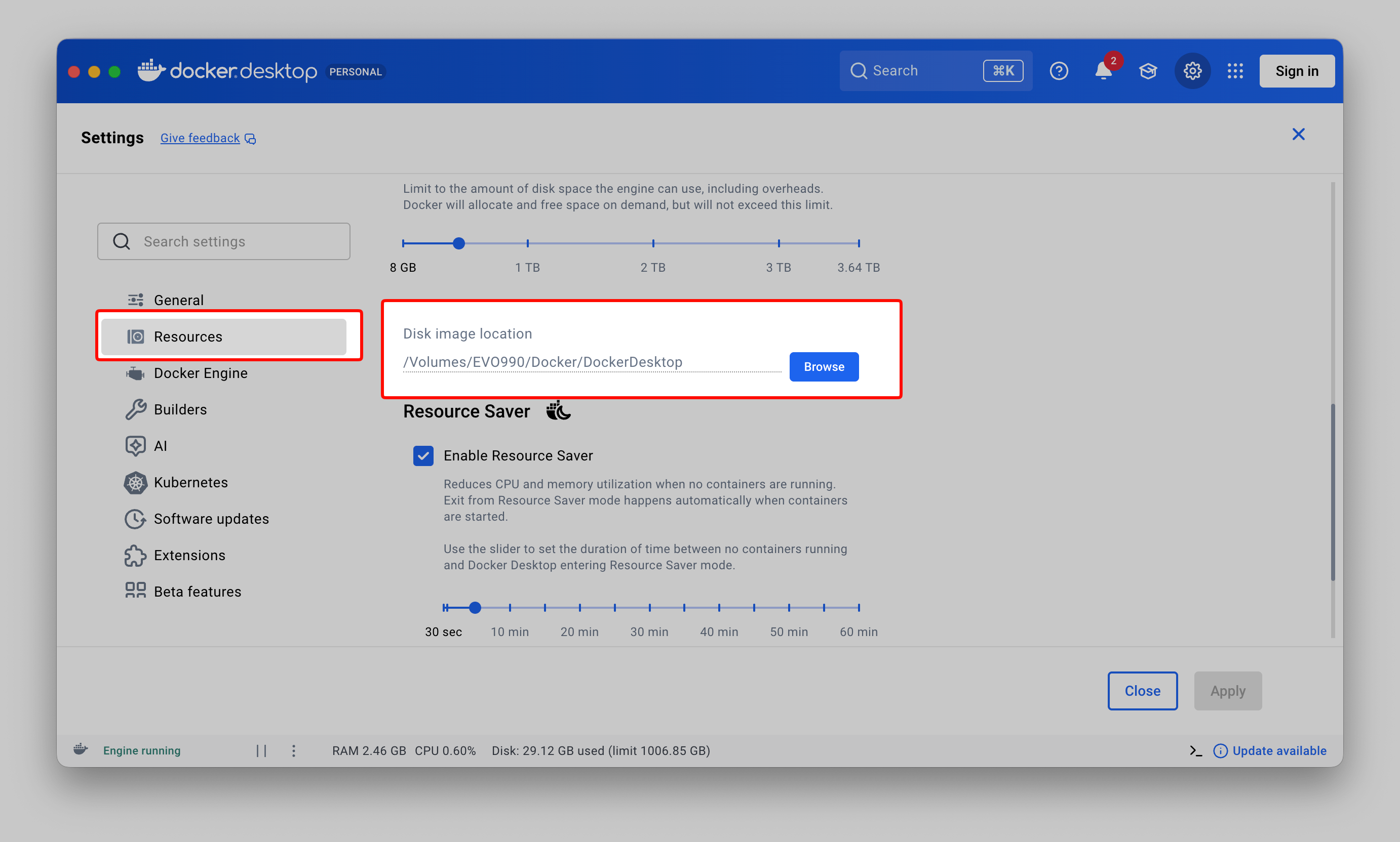 Docker Desktop 이미지 저장소 위치 변경